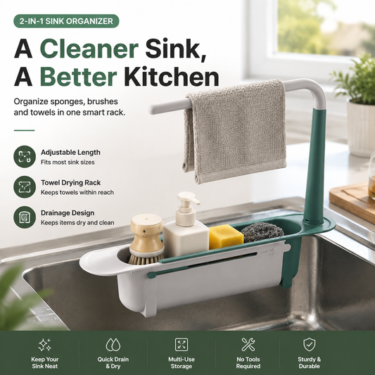 ⏳Last Day Special Price:£11.99!!!💥2-in-1 Sink Organizer Rack – Expandable Sponge Holder & Kitchen Towel Drying Bar