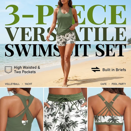 🔥2026 Hot Sale 50% OFF✨⚡ 50K+ SOLD! 🎁Women's 3-Piece Swimsuit Tankini Set with Shorts👙