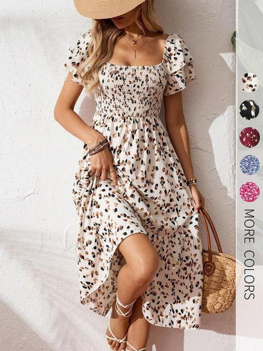 🌸2026 Summer Hot Sale 50% OFF!✨Square Neck Floral Midi Dress – Smocked Bodice, Flowy Tiered Skirt, Romantic🌸