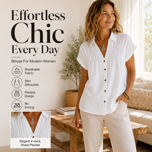 🥳SUMMER HOT SALE🥳💞50K+ SOLD!💥50% OFF! 👚Women's Elegant V-Neck Pleated Short Sleeve Shirt
